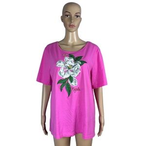 Bob Mackie Womens XL Pink Magnolia Bee Graphic T Shirt Wearable Art Cottagecore
